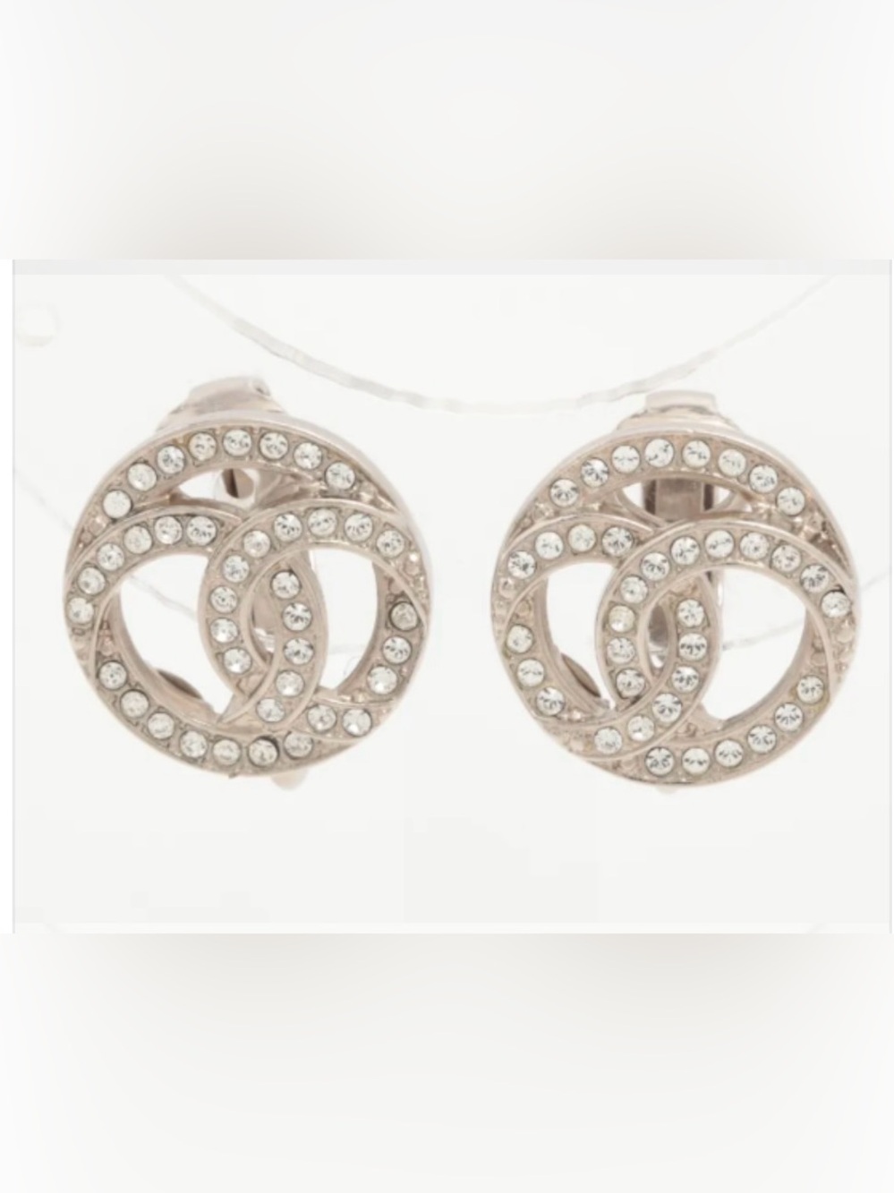 Authentic Chanel -Crystal Embellished Clip-On Earrings - Silver Tone